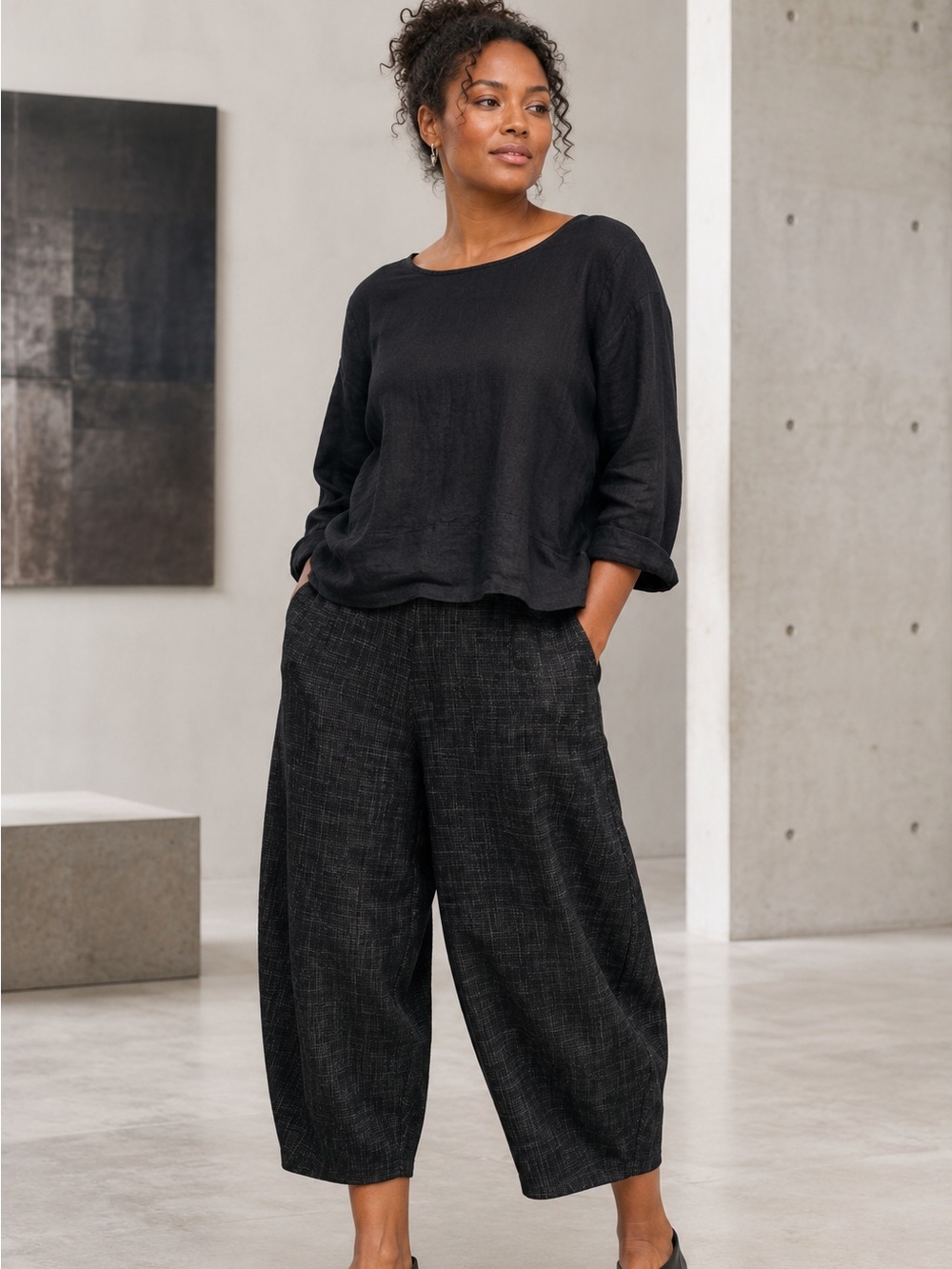 OSKA Barrel Leg Pants Sz XS Gray Black Textured Stretch Elastic Waist Crop